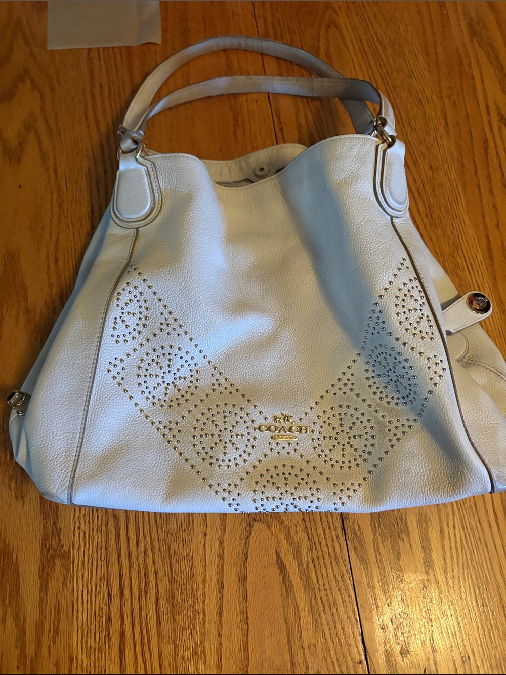Coach White Studded Leather Shoulder Tote